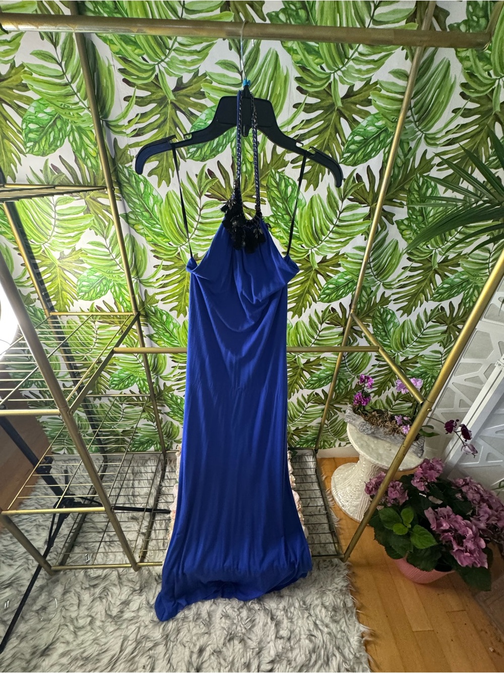 bebe Cobalt Blue Halter Maxi Dress with Beaded Neck